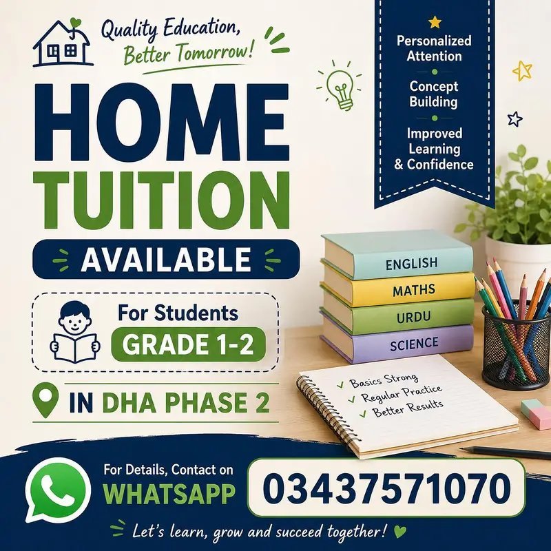 Home Tuition Available For Grade 1-2 Students In Dha Phase 2