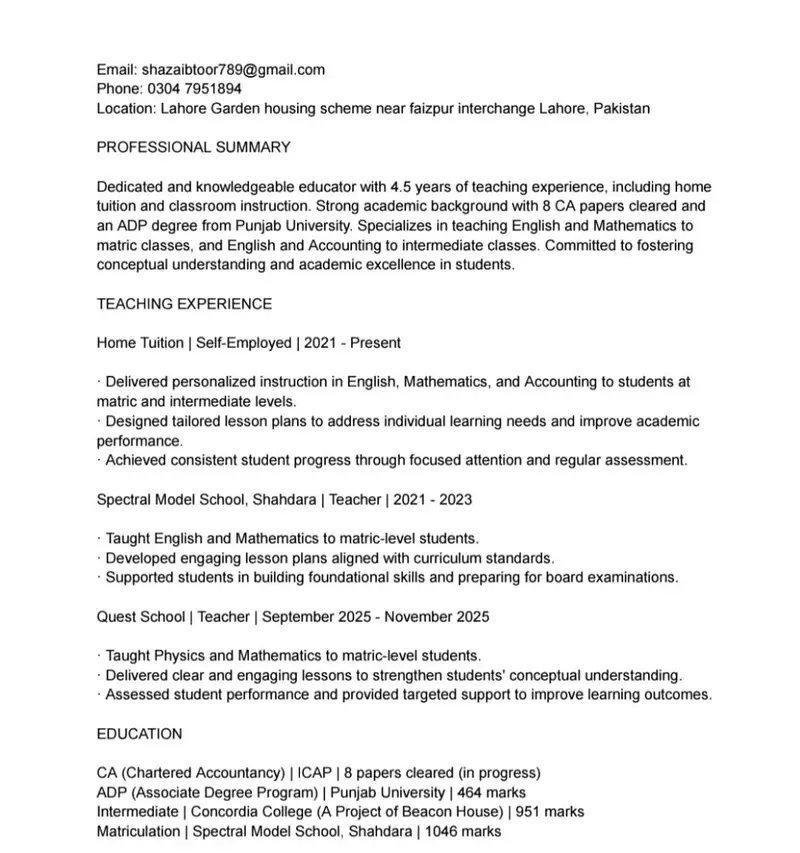 Experienced Home Tutor For Matric And Icom