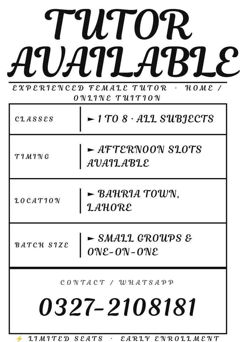 Female Tutor Available | Classes 1-8| All Subjects| Bahria Town Lahore