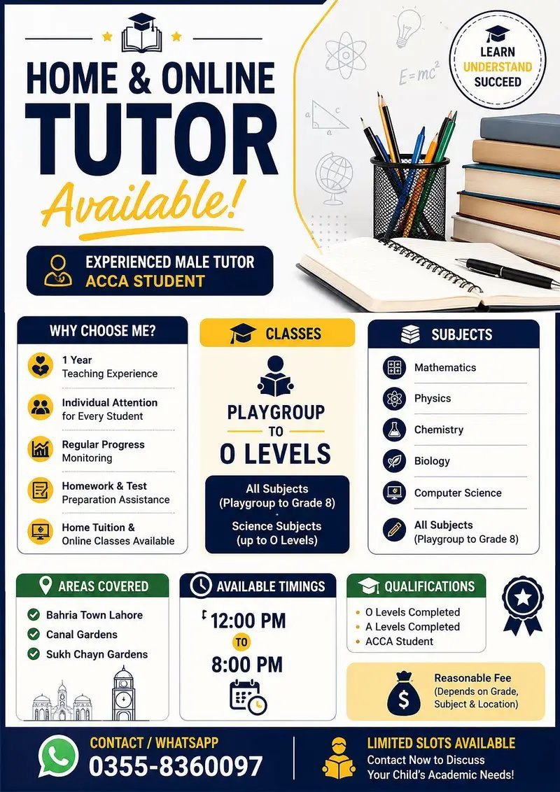 Experienced Teacher Available For Home Tuition|Play Group To O Levels.