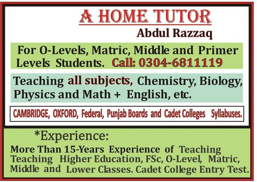 Home Tutor, Tuition. A Reliable Home Tutor/ Teacher