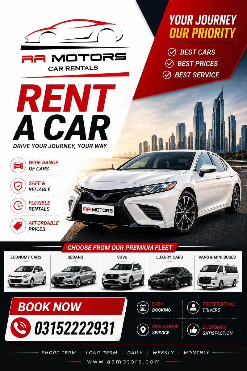 Rent A Car Lahore With Driver & Self Drive, Hiace & Coaster Available